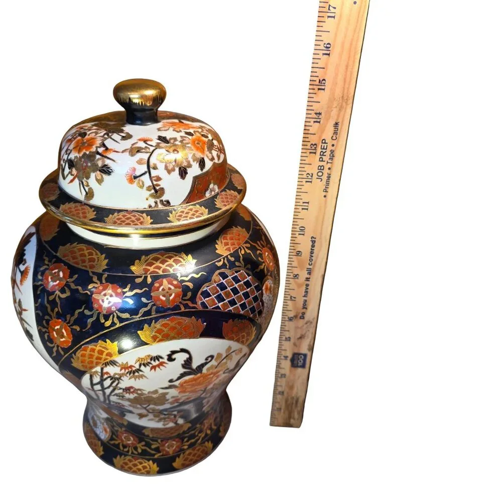Vintage Imari Style Ginger Jar Porcelain Lidded Vase Hand Painted Floral Decor